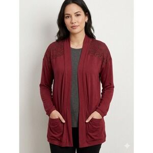 Torrid Super Soft Burgundy Lace Yoke Open Front Cardigan Pockets Size 1 1X